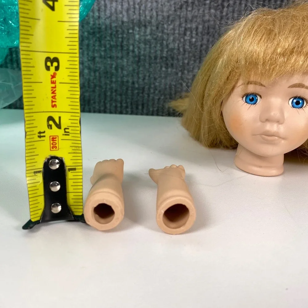Porcelain Doll Head and Arms Set Blonde Hair Blue Eyes Doll Making Parts 3.5in